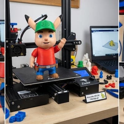 mascote 3D impresso em impressora 3D com roupas coloridas e texto 3D 3design.pt