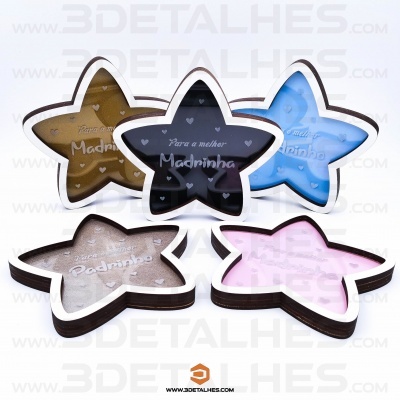 Cinco caixas estrela multicoloridas com texto em português