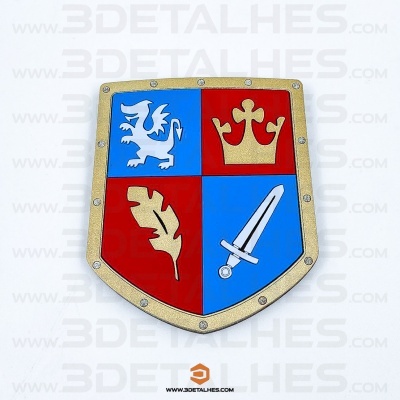 Escudo heráldico quadripartido com grifo, coroa, folha e espada em fundo azul e vermelho