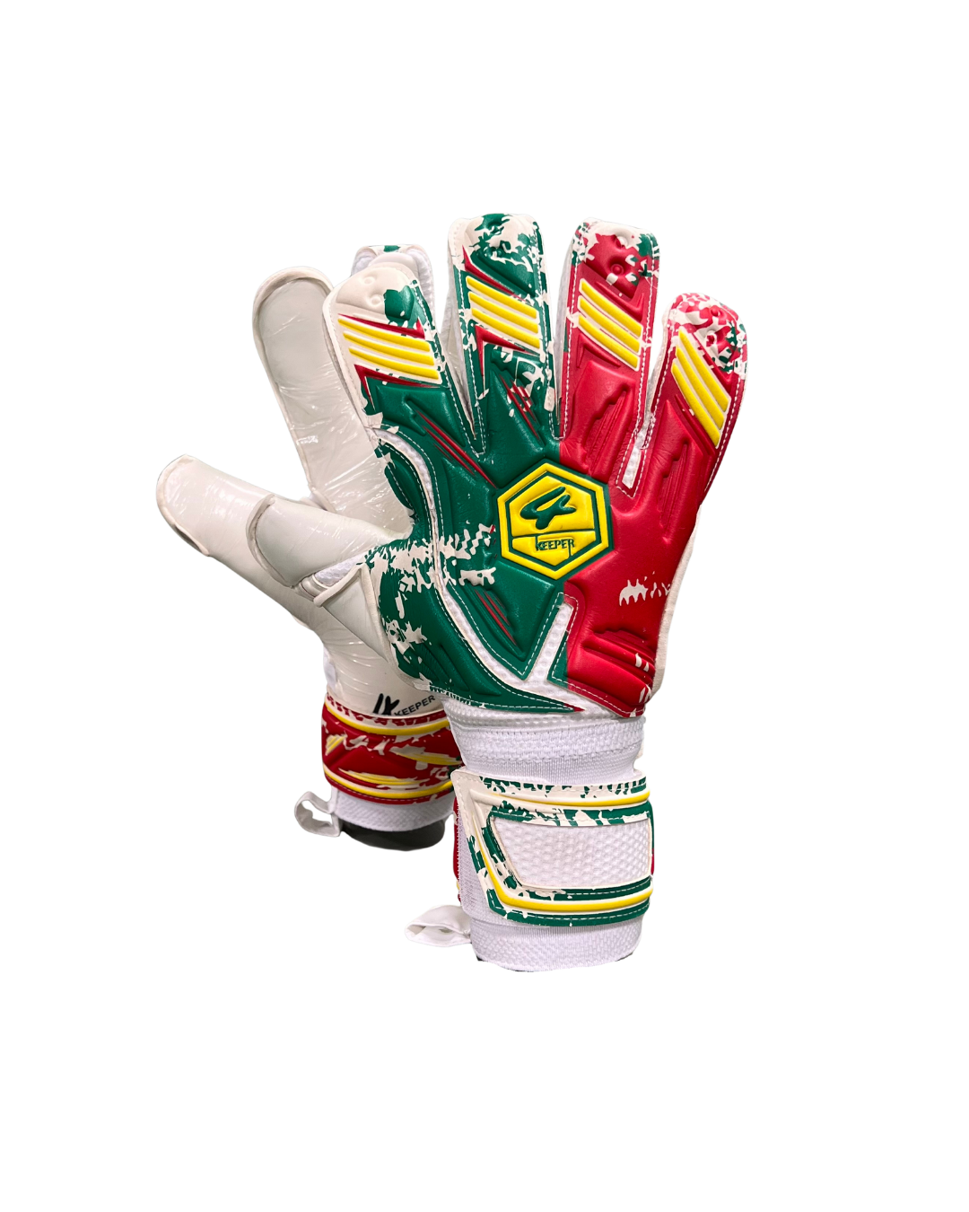 4Escudo Luvas de guarda-redes de futebol vermelhas, verdes, amarelas e brancas com logótipo KEEPER