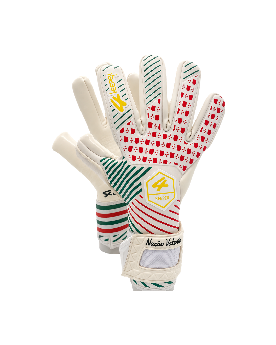 4 Keeper QUINAS Luvas de guarda-redes branca com detalhes em verde, vermelho e amarelo e texto no pulso.