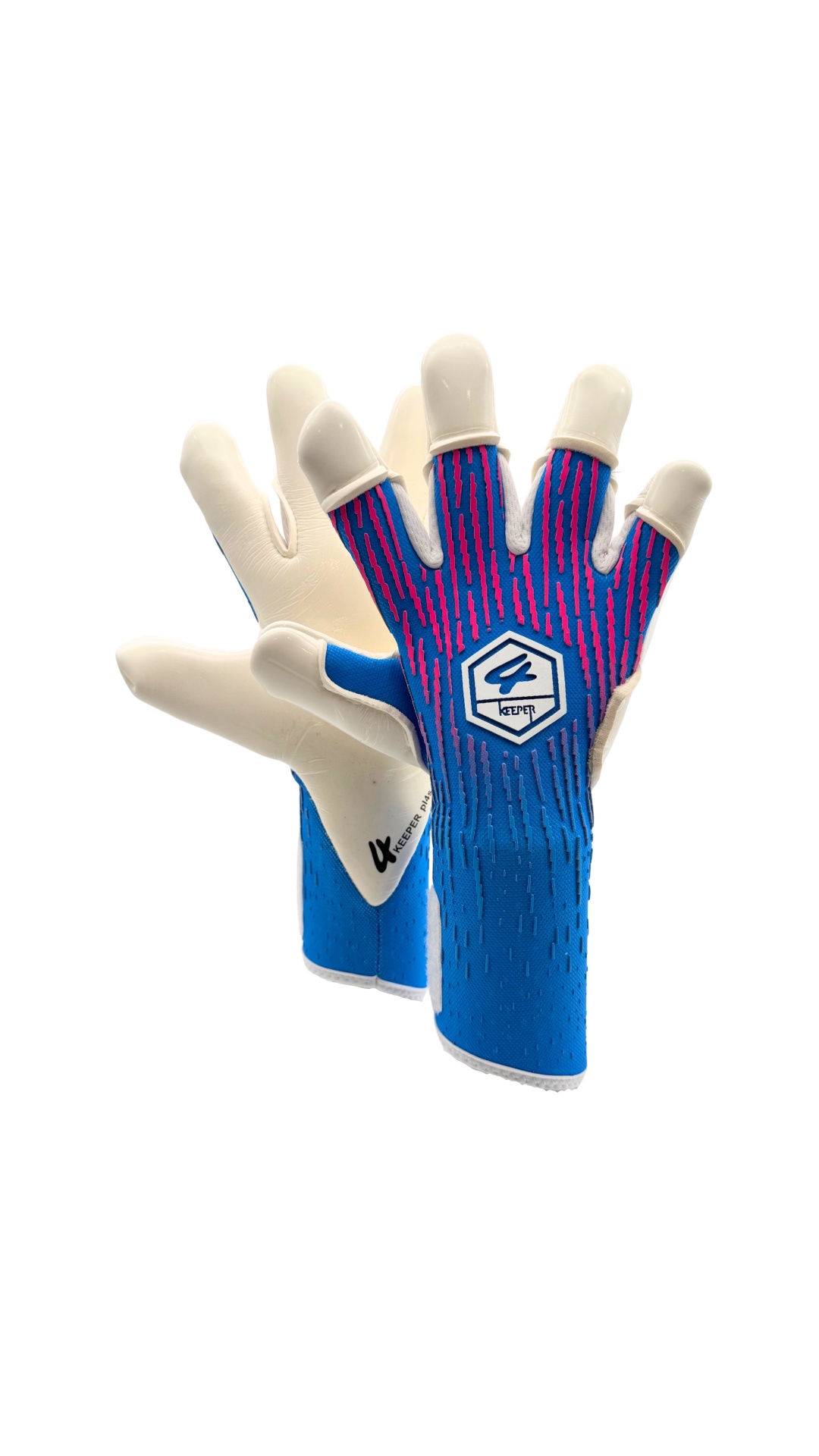 4Pulse luvas de guarda-redes azul, rosa e branco com texto KEEPERS PLAN