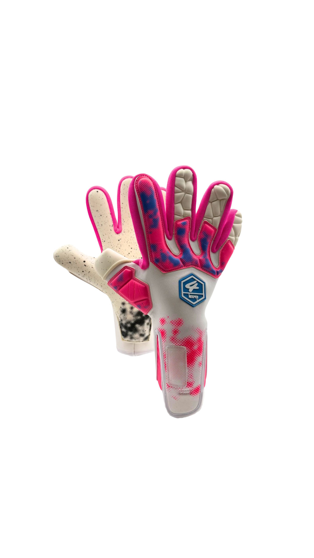 4 Pink Luvas de guarda-redes em tecido e borracha rosa, branco e azul com detalhes em camuflagem e emblema KEEPERS.