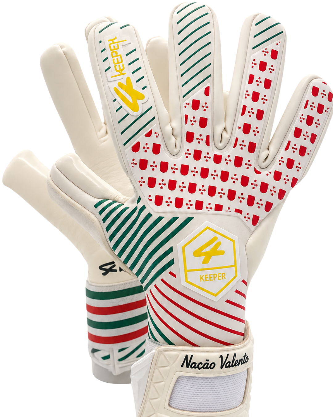4 Keeper QUINAS Luvas de guarda-redes de futebol com padrão vermelho e verde e fecho branco com texto Nação Valente