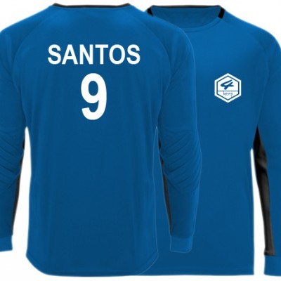 Camisola desportiva azul com texto branco SANTOS 9 e logótipo no peito