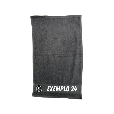 Toalha cinza escura com texto EXEMPLO 24 e logotipo KEEPER