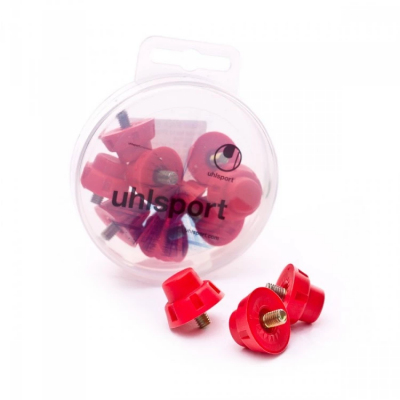 Conjunto de tacos vermelhos para chuteiras em embalagem plástica com logo uhlsport