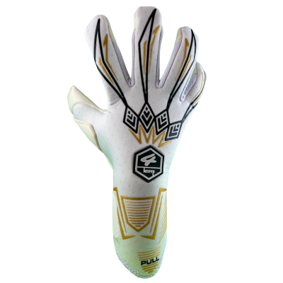 Luva desportiva branca com detalhes dourados e pretos e logótipo KEEPER.