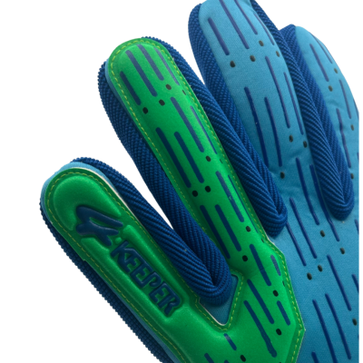 Luva desportiva azul e verde com a palavra KEEPER no dedo mindinho