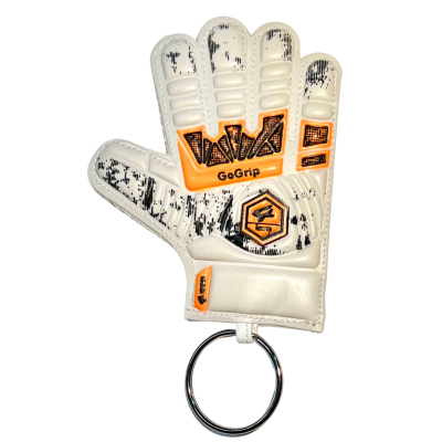 Chaveiro luva guarda-redes branca com padrões pretos e detalhes laranja