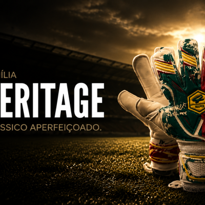 Luvas de guarda-redes de futebol coloridas num estádio com texto promoção