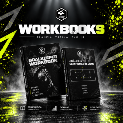 Dois cadernos de treino para guarda-redes, preto e branco, com textos GOALKEEPER WORKBOOK, ANÁLISE & ESTATÍSTICA DE JOGO, e detalhes gráficos em amarelo fluorescente e preto.