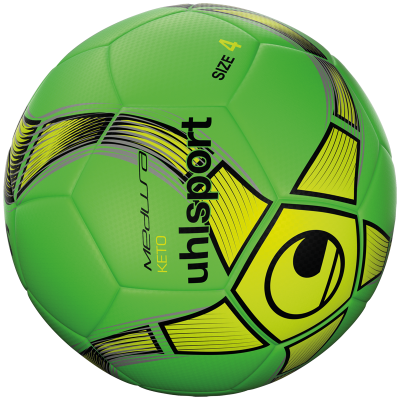 Bola de futebol verde com detalhes amarelos e pretos e texto