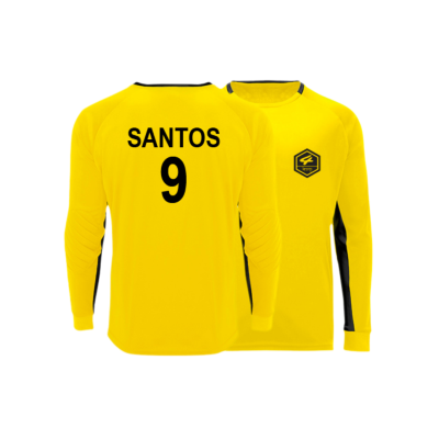Camisola desportiva amarela de manga comprida com nome SANTOS e número 9 nas costas
