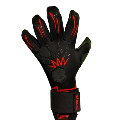 Luvas desportivas pretas e vermelhas para guarda-redes com tiras ajustáveis.