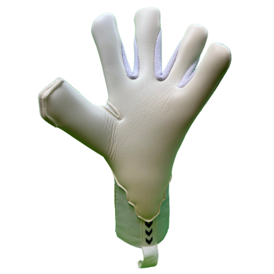 Luva de guarda-redes branca vista de frente com palma em material sintético e pulso com cinta ajustável.