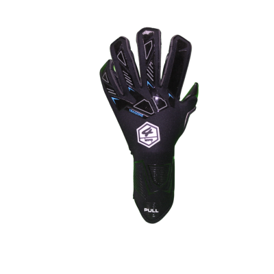 Luva desportiva preta com detalhes azuis e cinzentos e texto PULL no punho