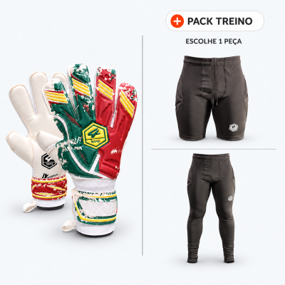 Luvas de guarda-redes coloridas e leggings e calções desportivos pretos