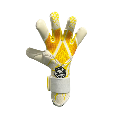 Luvas desportivas brancas e amarelas com punho ajustável e logo KEEPER