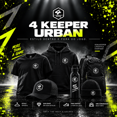Vestuário e acessórios 4 Keeper Urban pretos com logótipos brancos e detalhes em amarelo neon