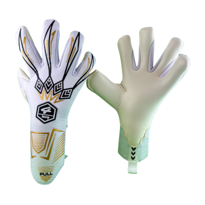 Luvas de guarda-redes de futebol brancas com detalhes pretos e dourados