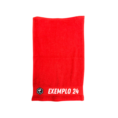 Toalha vermelha com texto EXEMPLO 24 e logótipo preto KEPTY