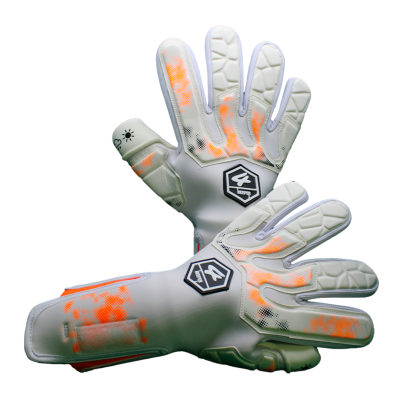 luvas desportivas brancas com detalhes amarelos e laranja e logo 4 KEEPER