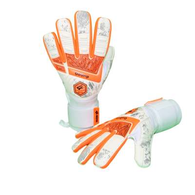 Luvas de guarda-redes de futebol brancas com detalhes em laranja e preto
