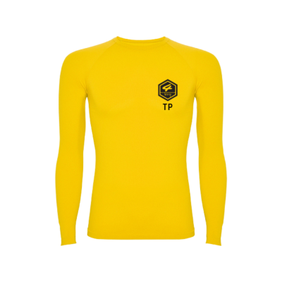 Camisola desportiva amarela de manga comprida com logótipo preto no peito