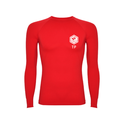 Camisola vermelha de manga comprida com logótipo branco hexagonal no peito