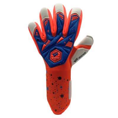 Luva de guarda-redes laranja, azul e branca com textura almofadada e palavra KEEPER.