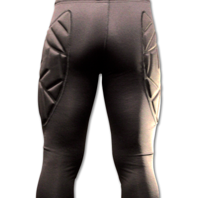 Calças de proteção desportiva cinzentas 3/4 com almofadas acolchoadas laterais.