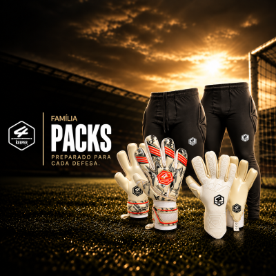 Equipamentos de guarda-redes com calças pretas e luvas de diversas cores em campo de futebol ao pôr do sol.