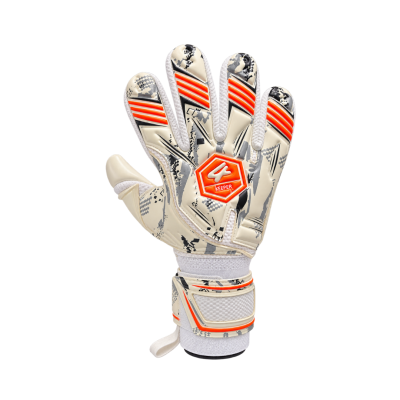 Luvas de guarda-redes de futebol bege com detalhes laranja e padrão camuflado cinza