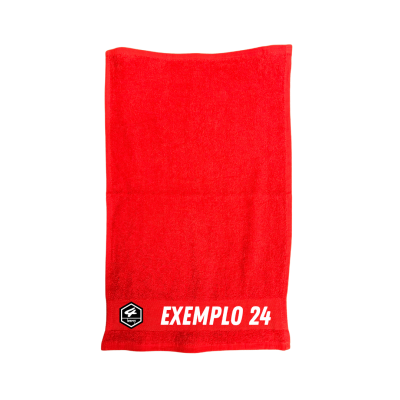 Toalha vermelha com logótipo preto e texto branco EXEMPLO 24
