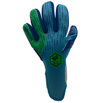 Luva desportiva azul e verde KEEPER com padrões lineares e reforço no dedo mindinho.