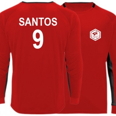 Camisola desportiva vermelha de mangas compridas com número 9 e nome SANTOS nas costas