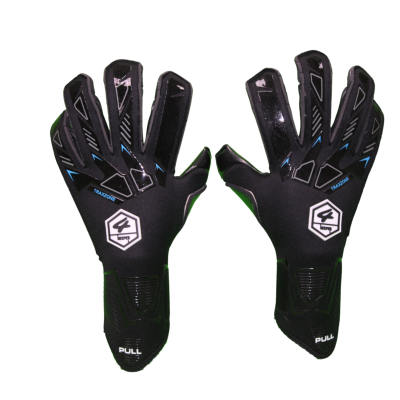 Luvas desportivas pretas com detalhes azuis e texto visível