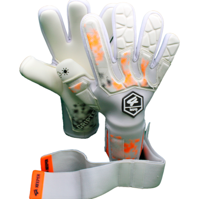 Luvas de guarda-redes de futebol brancas com detalhes laranja e preto