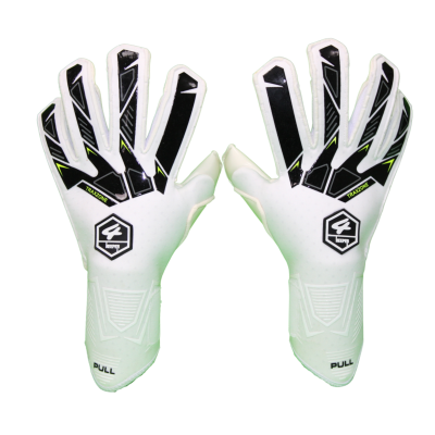Luvas de guarda-redes brancas com detalhes pretos e textos 'PULL' e 'PROTECT'
