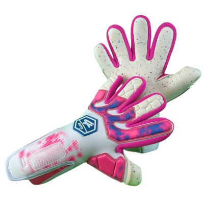 Par de luvas de guarda-redes brancas com detalhes rosa e azul