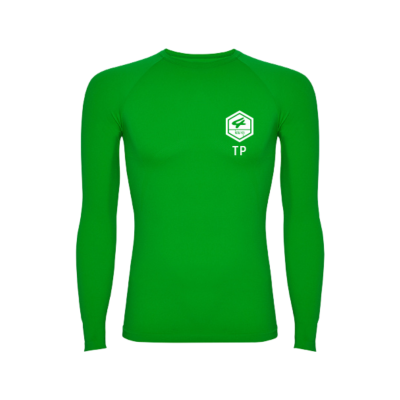 Camisola desportiva verde de manga comprida com logo e texto TP