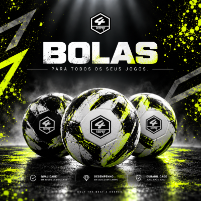 Bolas de futebol 4 Keeper em preto, branco e amarelo fluorescente sobre fundo escuro com detalhes gráficos amarelos.