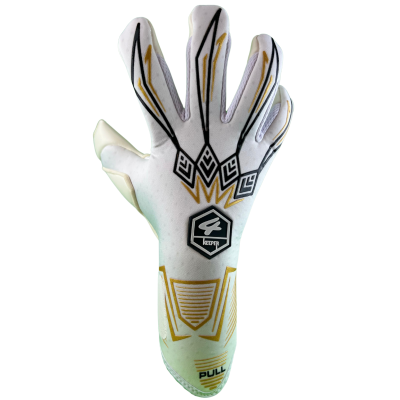 Luva desportiva branca com padrão gráfico preto e dourado e etiquetas visíveis