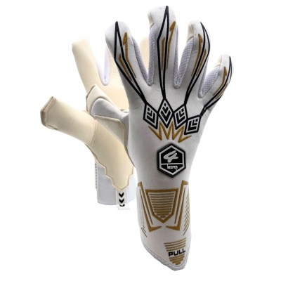 Par de luvas de guarda-redes de futebol brancas com padrões dourados e pretos.