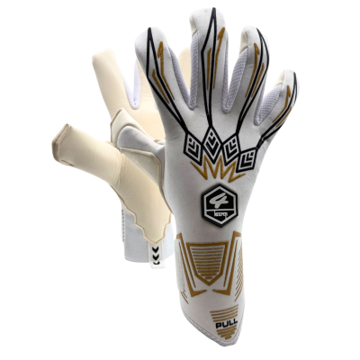 Luvas de guarda-redes brancas com desenhos pretos e dourados, padrão geométrico, texto KEEPER e PULL, palma creme aderente.