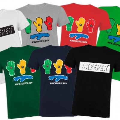Conjunto de t-shirts coloridas com estampas de luvas coloridas e texto 4KEEPER e WWW.4KEEPER.COM