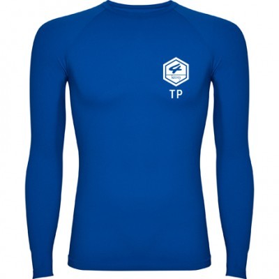 Camisola desportiva azul de manga comprida com logótipo branco e letras 'TP' no peito