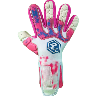 Luva guarda-redes rosa e branca com logótipo keeper azul