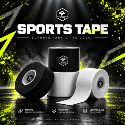 Fitas adesivas desportivas 4 Keeper pretas e brancas em fundo preto com texto promocional
